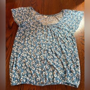 Aeropostale Blue Floral Peasant Top Blouse Size S Cottagecore Boho-Chic Rayon